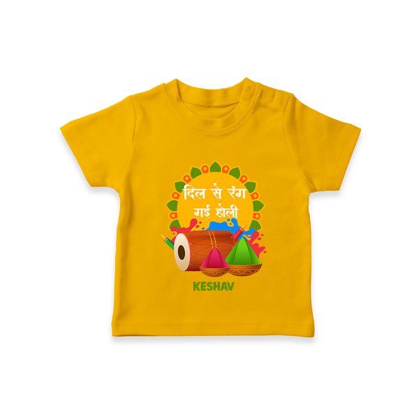 Traditional Holi Dhol & Colors Name T-Shirt - CHROME YELLOW - 0-5 Months Old (Chest 17")