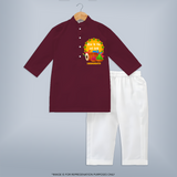 Traditional Holi Dhol & Colors Name Kurta - MAROON - 3 - 6 Months Old (Chest 24", Kurta Length 14'', Waist 19", Pant Length 14")