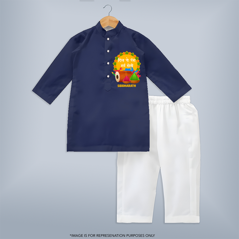 Happy Holi - Dil Se Rang Gayi Holi With Our Customized Kurta Set For Kids With Name - NAVY BLUE - 3 - 6 Months Old (Chest 24", Kurta Length 14'', Waist 19", Pant Length 14")