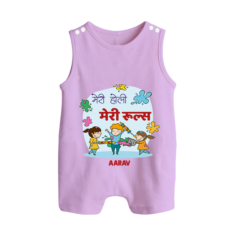 Happy Holi - Meri Holi, Meri Rules With Our Customized Romper Suit For Babies With Name - LILAC - 0 - 5 Months Old (Chest 18")