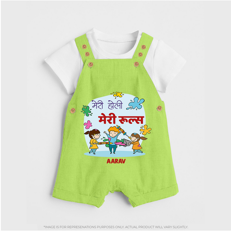 Happy Holi - Meri Holi, Meri Rules With Our Customized Dungaree Set For Kids With Name - GREEN - 0 - 5 Months Old (Chest 18")