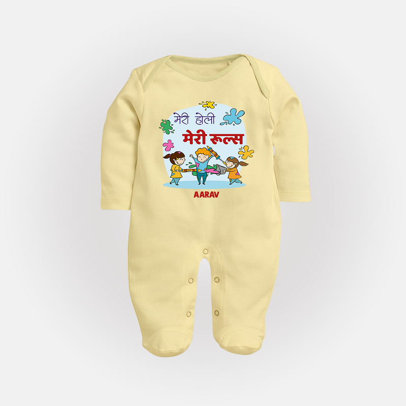 Happy Holi - Meri Holi, Meri Rules With Our Customized Sleep Suit For Babies With Name - PASTEL YELLOW - New Born (Chest 7.5")