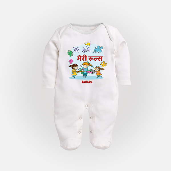 “Meri Holi Meri Rules” Personalized Kids Fullbody Suit - WHITE - New Born (Chest 7.5")