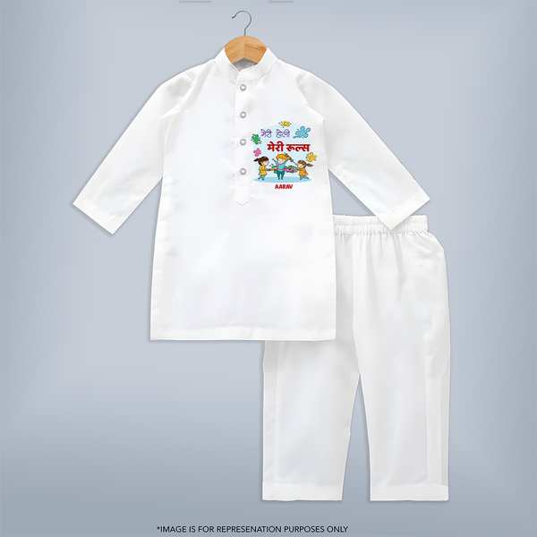 Happy Holi - Meri Holi, Meri Rules With Our Customized Kurta Set For Kids With Name - WHITE - 3 - 6 Months Old (Chest 24", Kurta Length 14'', Waist 19", Pant Length 14")