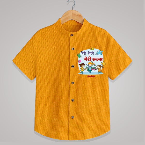 “Meri Holi Meri Rules” Personalized Kids Shirt - CHROME YELLOW - 0 - 6 Months Old (Chest 23")