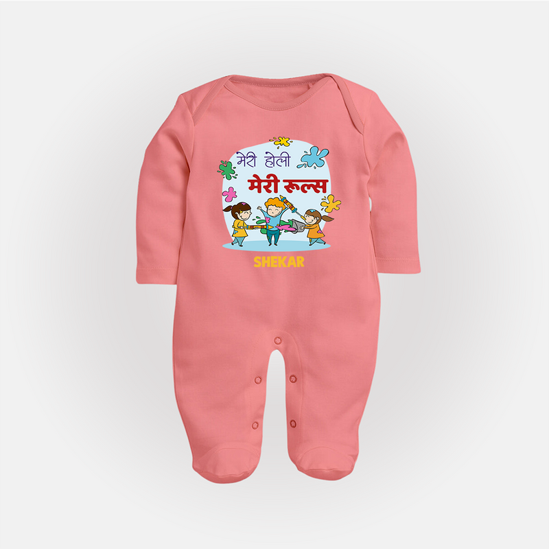 Happy Holi - Meri Holi, Meri Rules With Our Customized Sleep Suit For Babies With Name - PEACH - New Born (Chest 7.5")