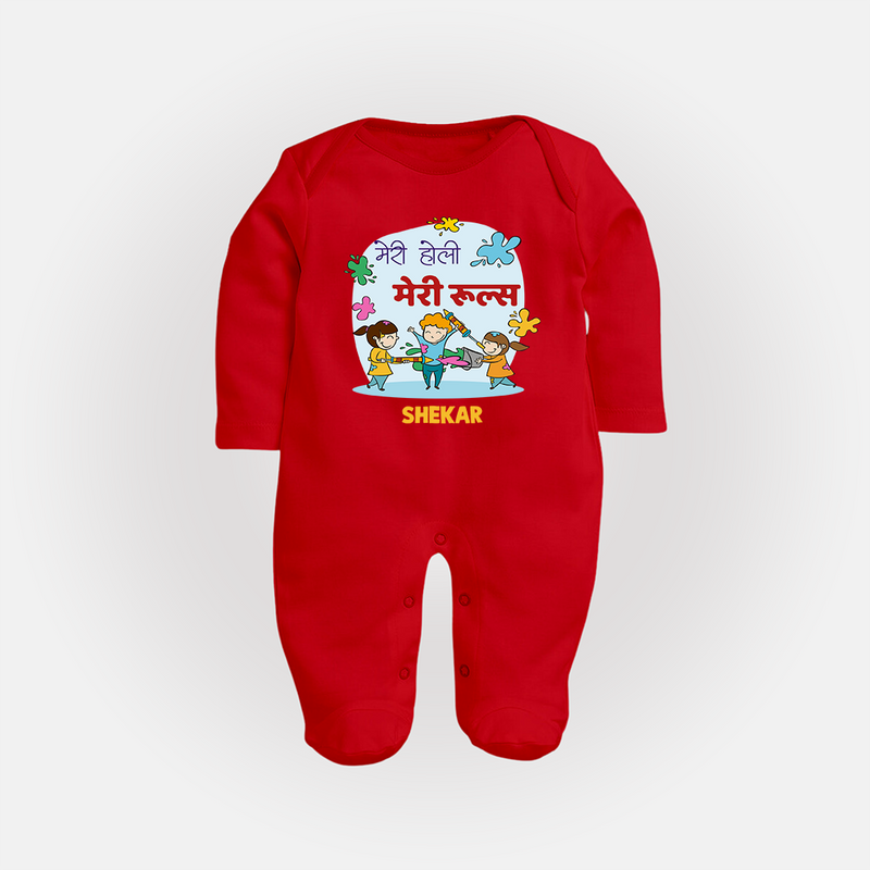 Happy Holi - Meri Holi, Meri Rules With Our Customized Sleep Suit For Babies With Name - RED - New Born (Chest 7.5")