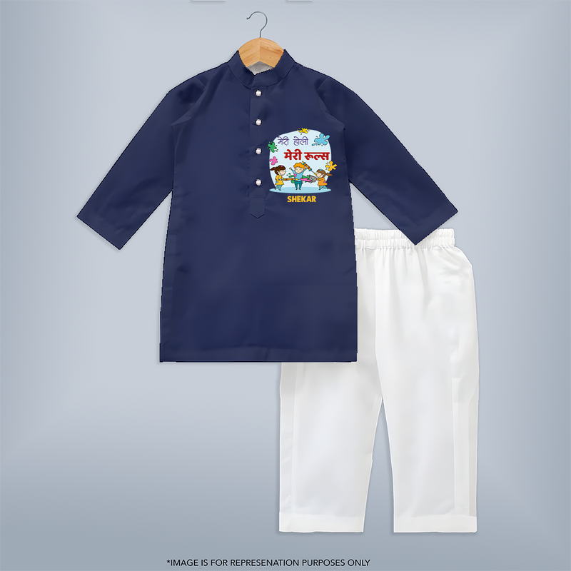 Happy Holi - Meri Holi, Meri Rules With Our Customized Kurta Set For Kids With Name - NAVY BLUE - 3 - 6 Months Old (Chest 24", Kurta Length 14'', Waist 19", Pant Length 14")