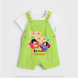 Happy Holi - Tera Rang, Mera Rang With Our Customized Dungaree Set For Kids With Name - GREEN - 0 - 5 Months Old (Chest 18")