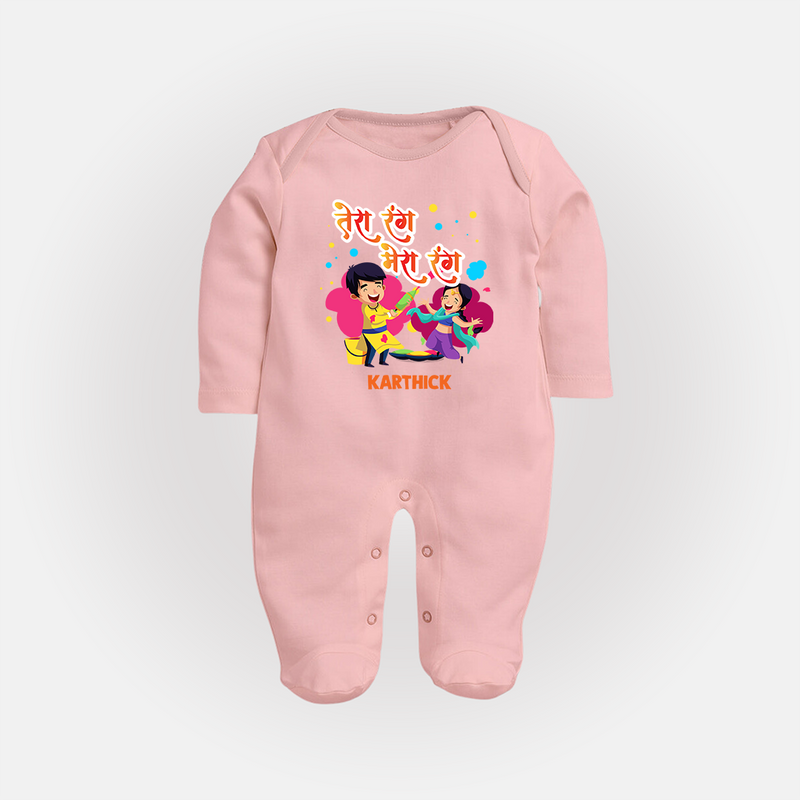 Happy Holi - Tera Rang, Mera Rang With Our Customized Sleep Suit For Babies With Name - BABY PINK - New Born (Chest 7.5")