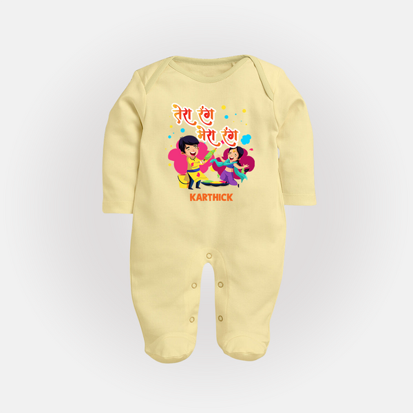 “Tera Rang Mera Rang” Personalized Kids Holi Fullbody Suit - PASTEL YELLOW - New Born (Chest 7.5")