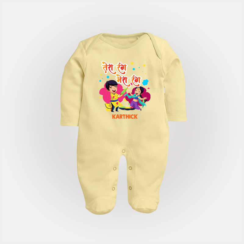 Happy Holi - Tera Rang, Mera Rang With Our Customized Sleep Suit For Babies With Name - PASTEL YELLOW - New Born (Chest 7.5")