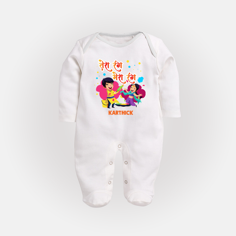 Happy Holi - Tera Rang, Mera Rang With Our Customized Sleep Suit For Babies With Name - WHITE - New Born (Chest 7.5")