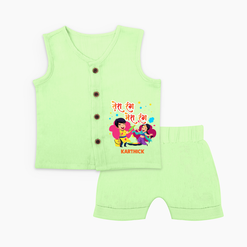 Happy Holi - Tera Rang, Mera Rang With Our Customized Jabla Set For Babies With Name - PASTEL GREEN - 0 - 3 Months Old (Chest 9.8")