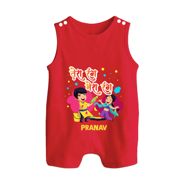 “Tera Rang Mera Rang” Personalized Kids Holi Romper Suit - RED - 0 - 5 Months Old (Chest 18")