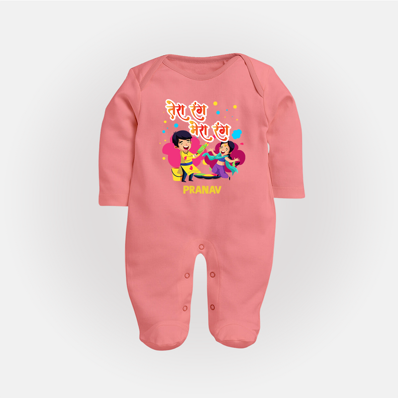 Happy Holi - Tera Rang, Mera Rang With Our Customized Sleep Suit For Babies With Name - PEACH - New Born (Chest 7.5")