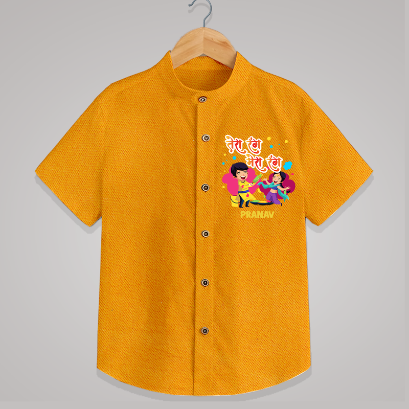 Happy Holi - Tera Rang, Mera Rang With Our Customized Shirt For Kids With Name - CHROME YELLOW - 0 - 6 Months Old (Chest 23")