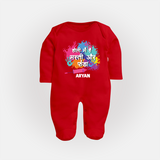 Happy Holi - Holi Mein Hai Fun & Funda With Our Customized Sleep Suit For Babies With Name - RED - New Born (Chest 7.5")