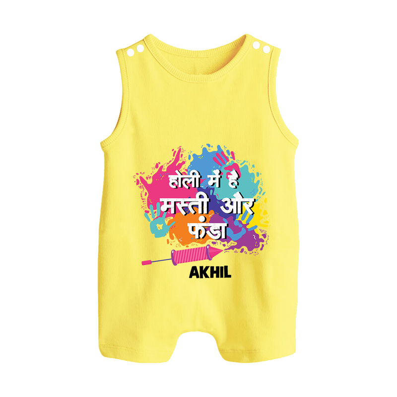 Happy Holi - Holi Mein Hai Fun & Funda With Our Customized Romper Suit For Babies With Name - PASTEL YELLOW - 0 - 5 Months Old (Chest 18")