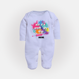 Happy Holi - Holi Mein Hai Fun & Funda With Our Customized Sleep Suit For Babies With Name - BABY BLUE - New Born (Chest 7.5")