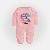 Happy Holi - Holi Mein Hai Fun & Funda With Our Customized Sleep Suit For Babies With Name - BABY PINK - New Born (Chest 7.5")