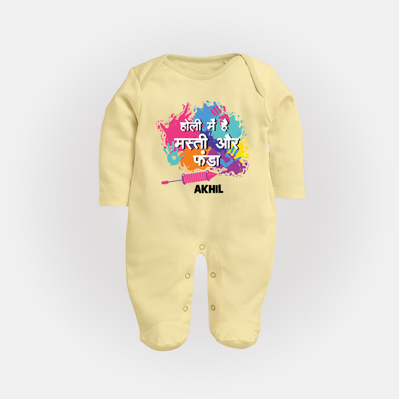 Happy Holi - Holi Mein Hai Fun & Funda With Our Customized Sleep Suit For Babies With Name - PASTEL YELLOW - New Born (Chest 7.5")