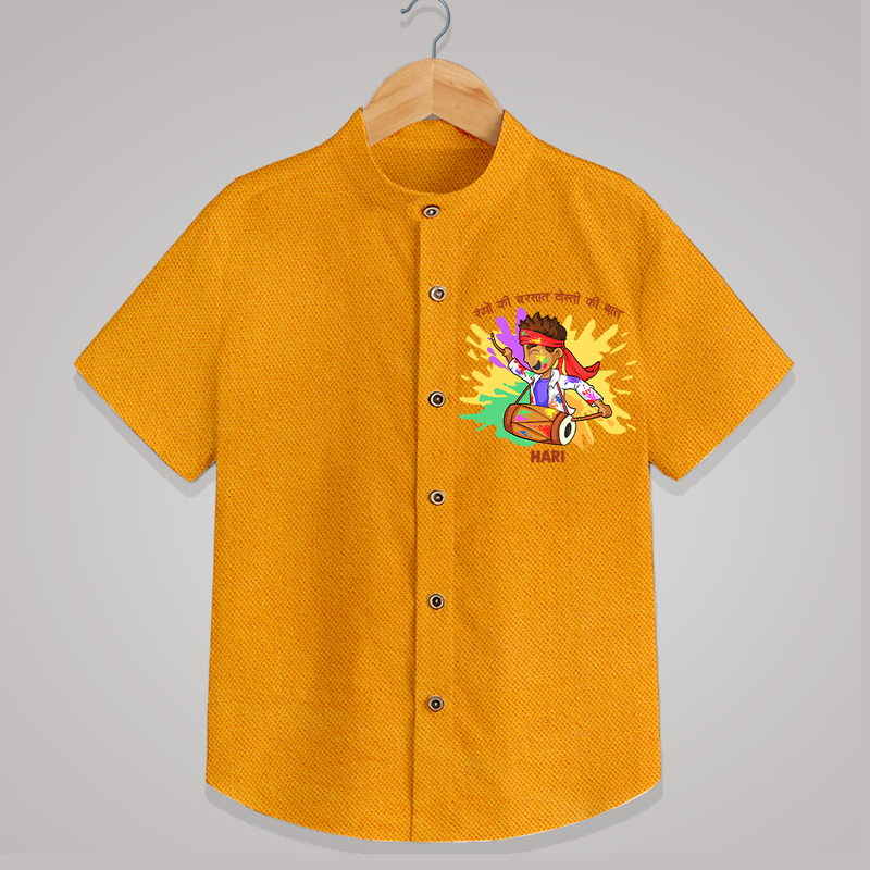 Happy Holi - Rangon Ki Barsaat, Dosti Ki Baat With Our Customized Shirt For Kids With Name - CHROME YELLOW - 0 - 6 Months Old (Chest 23")