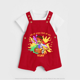 Happy Holi - Rangon Ki Barsaat, Dosti Ki Baat With Our Customized Dungaree Set For Kids With Name - RED - 0 - 5 Months Old (Chest 18")