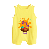 “Bura Na Mano Holi Hai” Custom Name Kids Holi Romper Suit - PASTEL YELLOW - 0 - 5 Months Old (Chest 18")