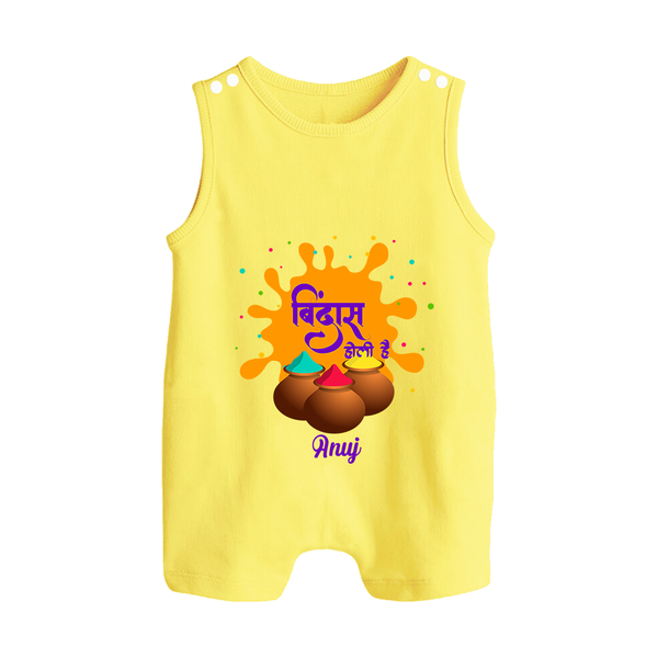 “Bura Na Mano Holi Hai” Custom Name Kids Holi Romper Suit - PASTEL YELLOW - 0 - 5 Months Old (Chest 18")