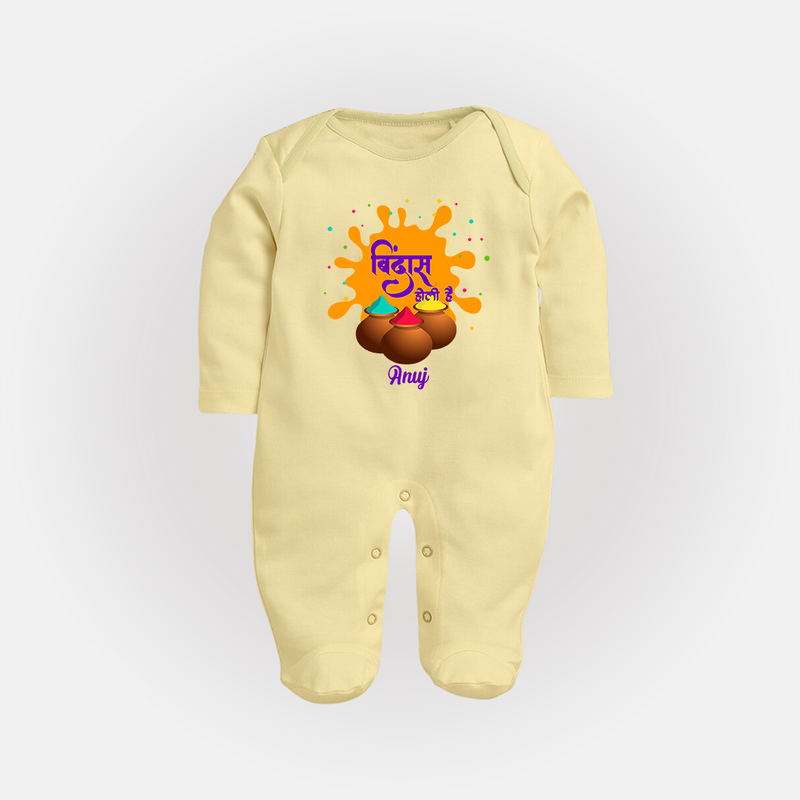 Happy Holi - Bindaas, Holi Hai With Our Customized Sleep Suit For Babies With Name - PASTEL YELLOW - New Born (Chest 7.5")