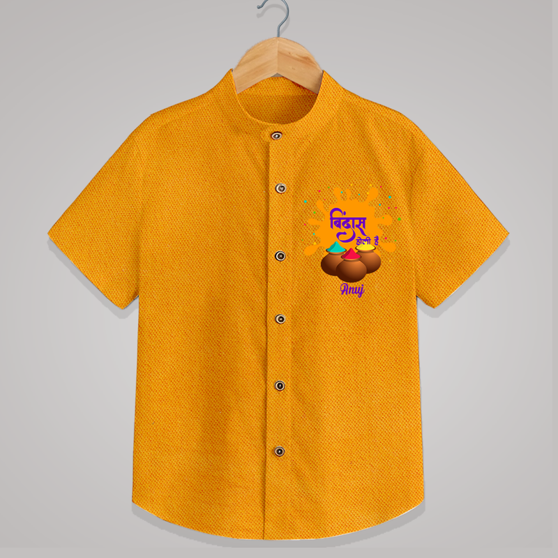 Happy Holi - Bindaas, Holi Hai With Our Customized Shirt For Kids With Name - CHROME YELLOW - 0 - 6 Months Old (Chest 23")