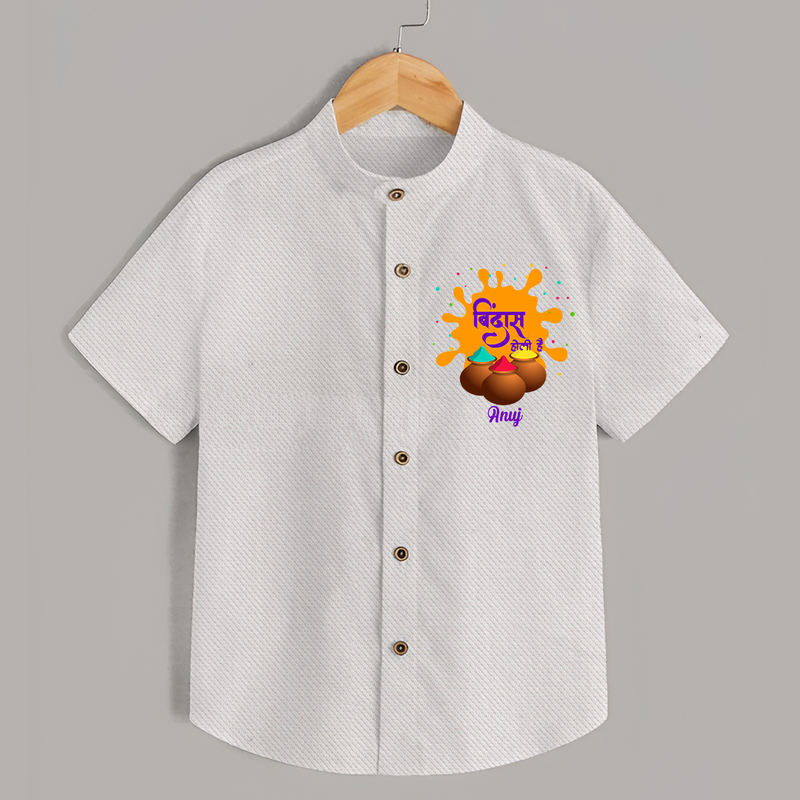 Happy Holi - Bindaas, Holi Hai With Our Customized Shirt For Kids With Name - WHITE - 0 - 6 Months Old (Chest 23")