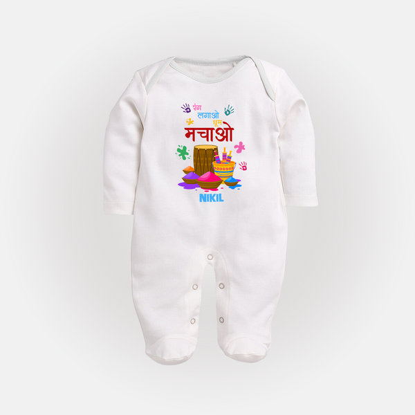 Happy Holi - Rang Lagao, Dhoom Machao With Our Customized Sleep Suit For Babies With Name - WHITE - New Born (Chest 7.5")