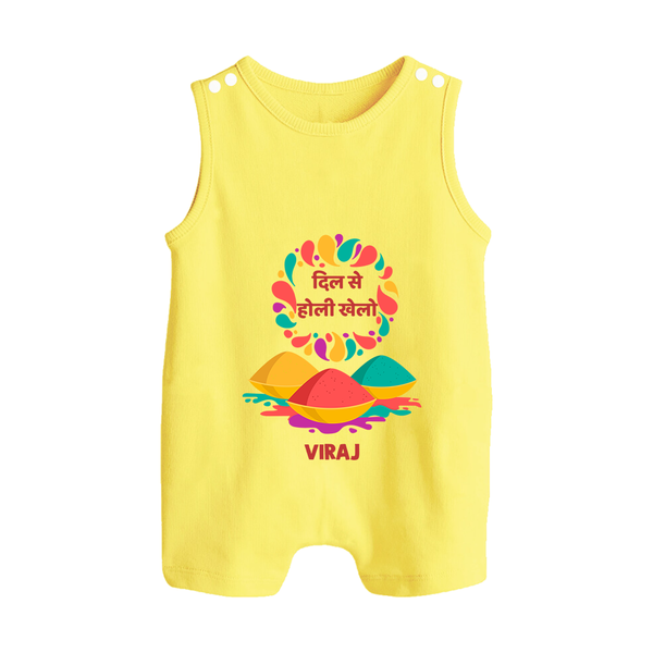 “Dil Se Holi Khelo” Personalized Kids Romper Suit - PASTEL YELLOW - 0 - 5 Months Old (Chest 18")