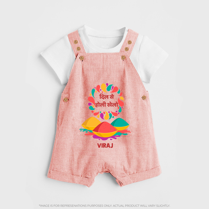 Happy Holi - Dil Se Holi Khelo With Our Customized Dungaree Set For Kids With Name - PEACH - 0 - 5 Months Old (Chest 18")