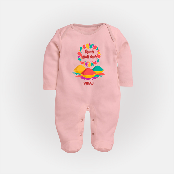 “Dil Se Holi Khelo” Personalized Kids Fullbody Suit - BABY PINK - New Born (Chest 7.5")