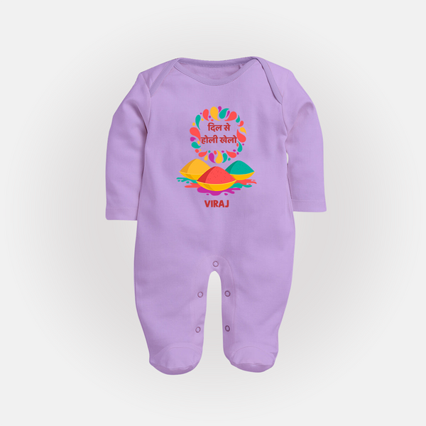 “Dil Se Holi Khelo” Personalized Kids Fullbody Suit - LILAC - New Born (Chest 7.5")