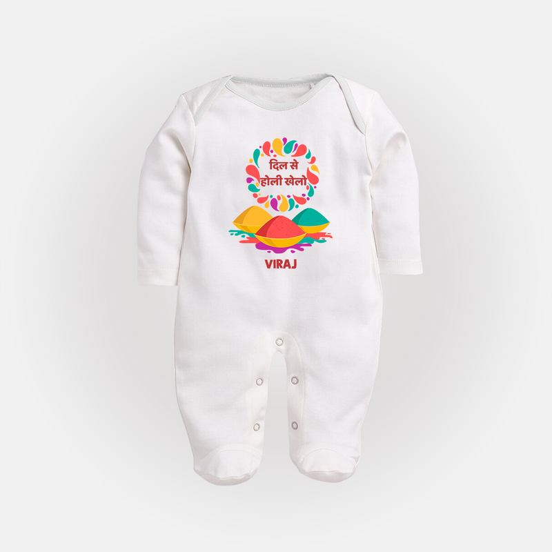 Happy Holi - Dil Se Holi Khelo With Our Customized Sleep Suit For Babies With Name - WHITE - New Born (Chest 7.5")