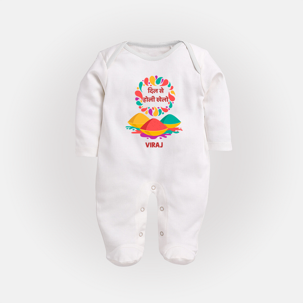 “Dil Se Holi Khelo” Personalized Kids Fullbody Suit - WHITE - New Born (Chest 7.5")