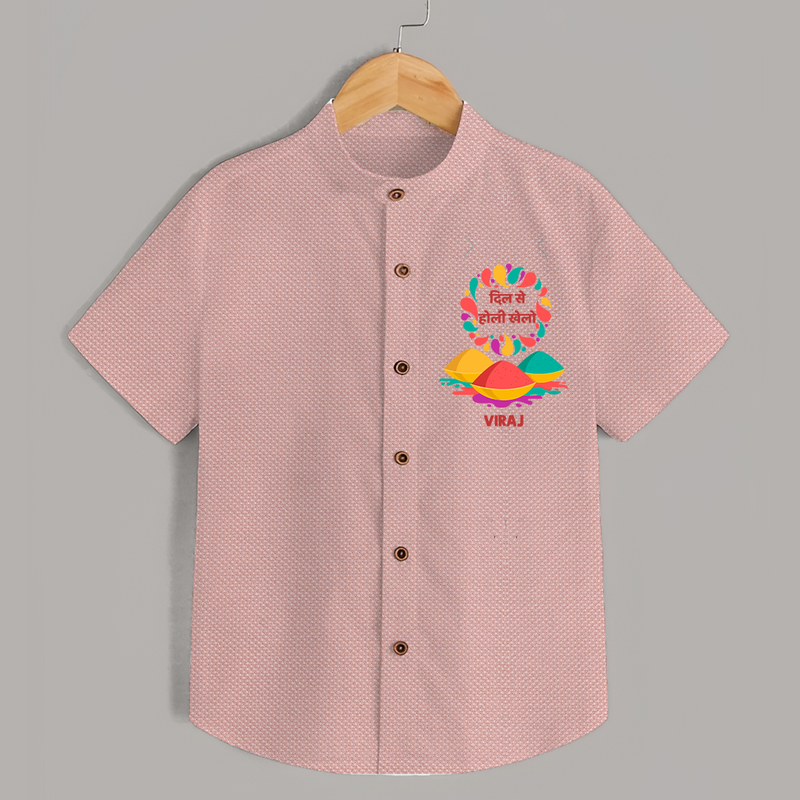 Happy Holi - Dil Se Holi Khelo With Our Customized Shirt For Kids With Name - PEACH - 0 - 6 Months Old (Chest 23")