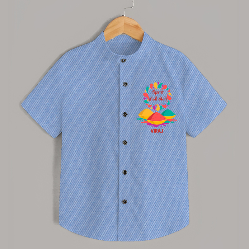 Happy Holi - Dil Se Holi Khelo With Our Customized Shirt For Kids With Name - SKY BLUE - 0 - 6 Months Old (Chest 23")