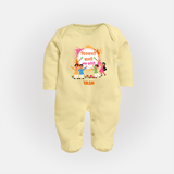 Happy Holi - Pichkari Wali Love Story With Our Customized Sleep Suit For Babies With Name - PASTEL YELLOW - New Born (Chest 7.5")