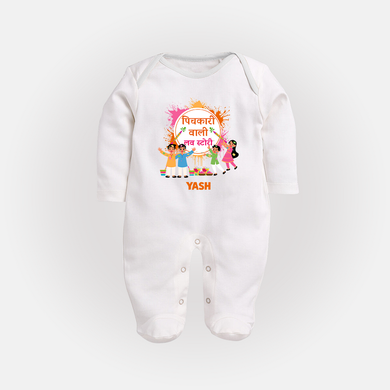 Happy Holi - Pichkari Wali Love Story With Our Customized Sleep Suit For Babies With Name - WHITE - New Born (Chest 7.5")