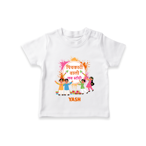 “Pichkari Wali Love Story” Personalized Kids Holi T-Shirt - WHITE - 0-5 Months Old (Chest 17")
