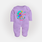 Happy Holi - Rangon Ki Baarish, Khushiyon Ki Fuhar With Our Customized Sleep Suit For Babies With Name - LILAC - New Born (Chest 7.5")