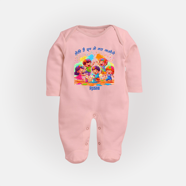 “Holi Hai Rangon Ke Sang” Personalized Kids Fullbody Suit - BABY PINK - New Born (Chest 7.5")