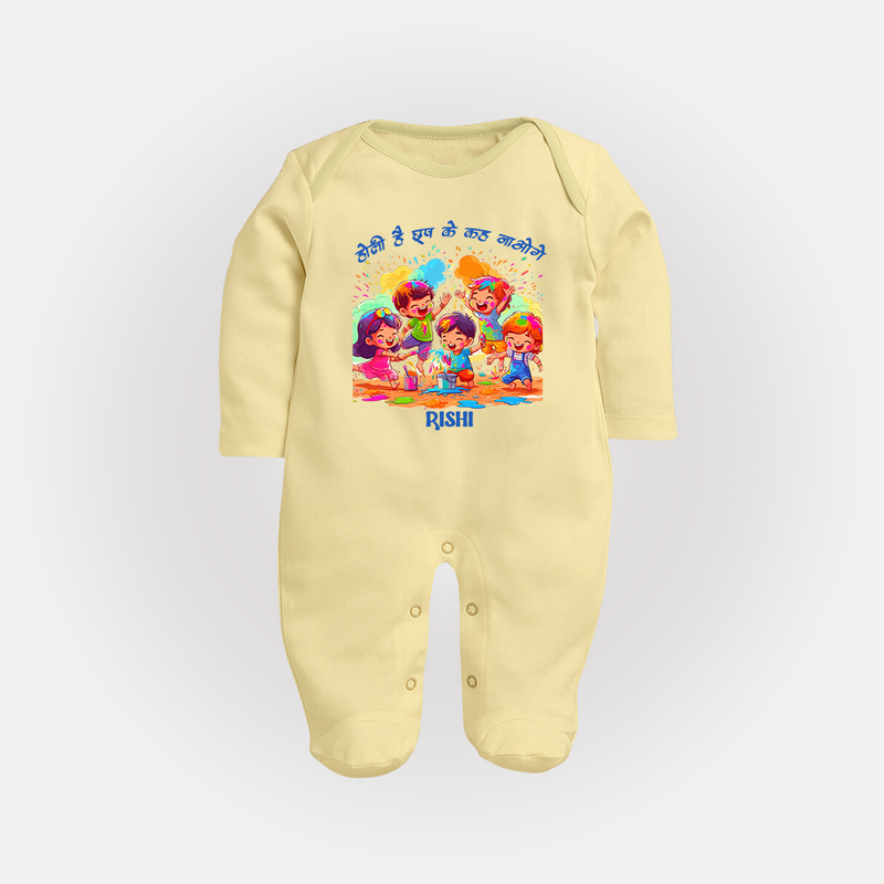 Happy Holi - Holi Hai, Chhup Ke Kaha Jaoge With Our Customized Sleep Suit For Babies With Name - PASTEL YELLOW - New Born (Chest 7.5")