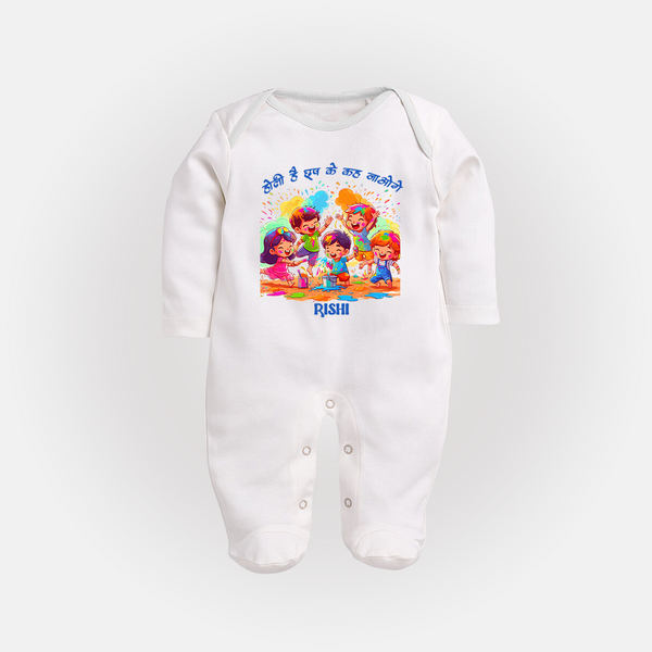 “Holi Hai Rangon Ke Sang” Personalized Kids Fullbody Suit - WHITE - New Born (Chest 7.5")