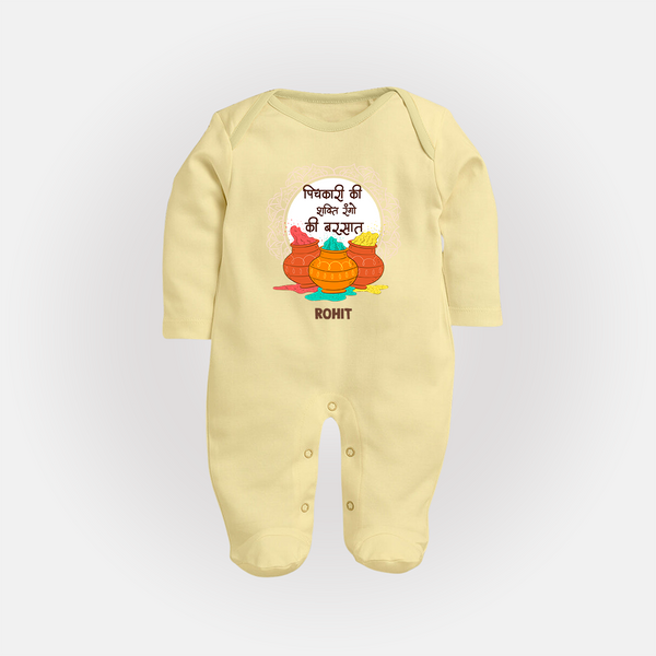 Pichkari Ki Shakti Holi Fullbody Suit – Personalized Kids Festival Fullbody Suit - PASTEL YELLOW - New Born (Chest 7.5")